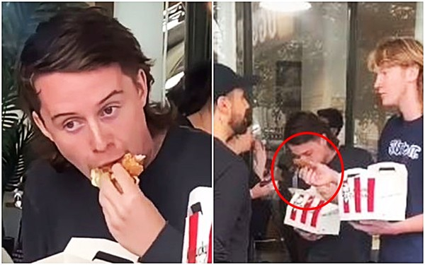 완전 채식주의, 즉 ‘비건’을 지지하는 운동을 벌이는 시위대 앞에서 두 남성이 보란 듯이 치킨을 먹었다.